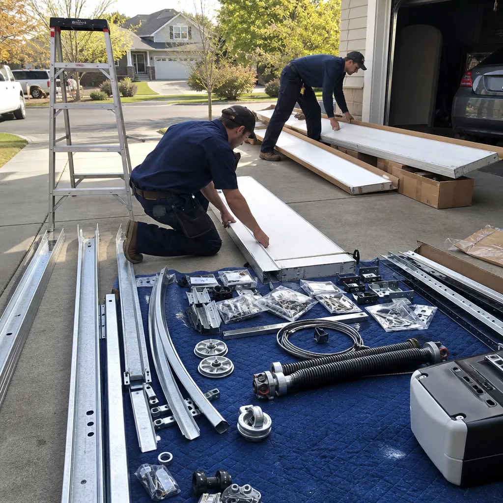 Technicians preparing parts for professional garage door installation service