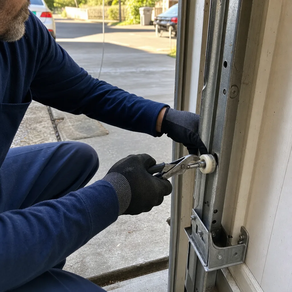 Technician performing garage door roller repair on a vertical track