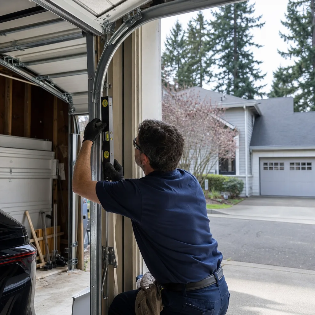 Technician checking vertical track alignment for garage door repair