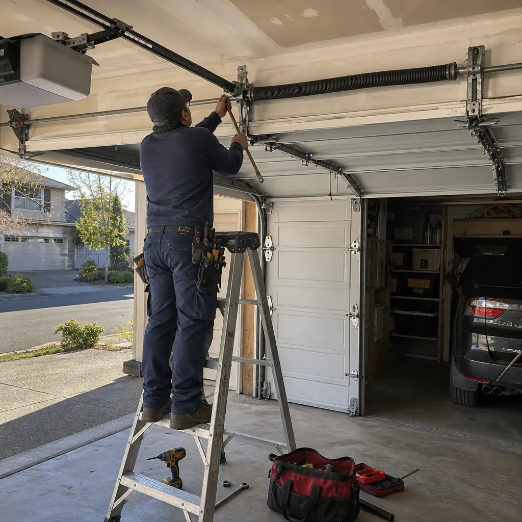 Technician performing professional garage door spring repair